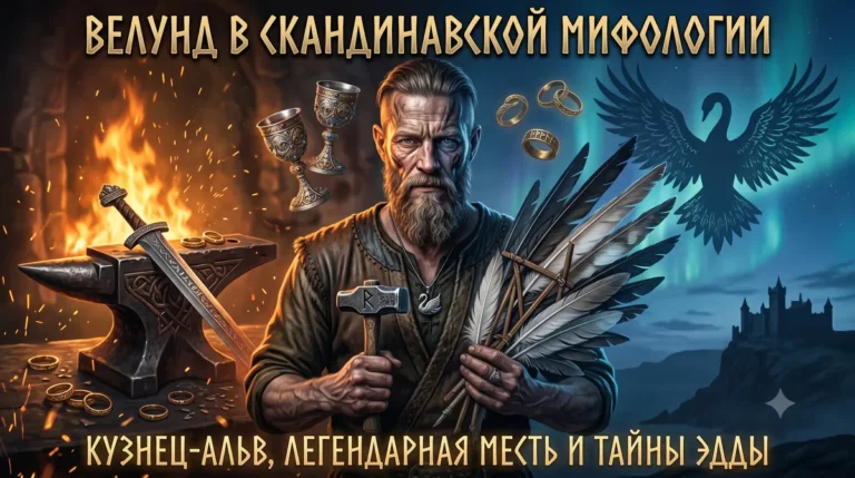 Баннер с Велундом, держащим связку перьев и молот, на фоне кузницы и ночного неба.
