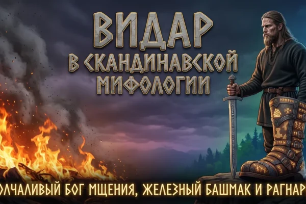 Обложка с Видаром, его волшебным башмаком и текстом Видар в скандинавской мифологии.