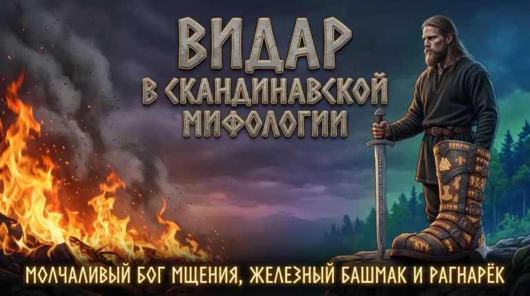 Обложка с Видаром, его волшебным башмаком и текстом Видар в скандинавской мифологии.