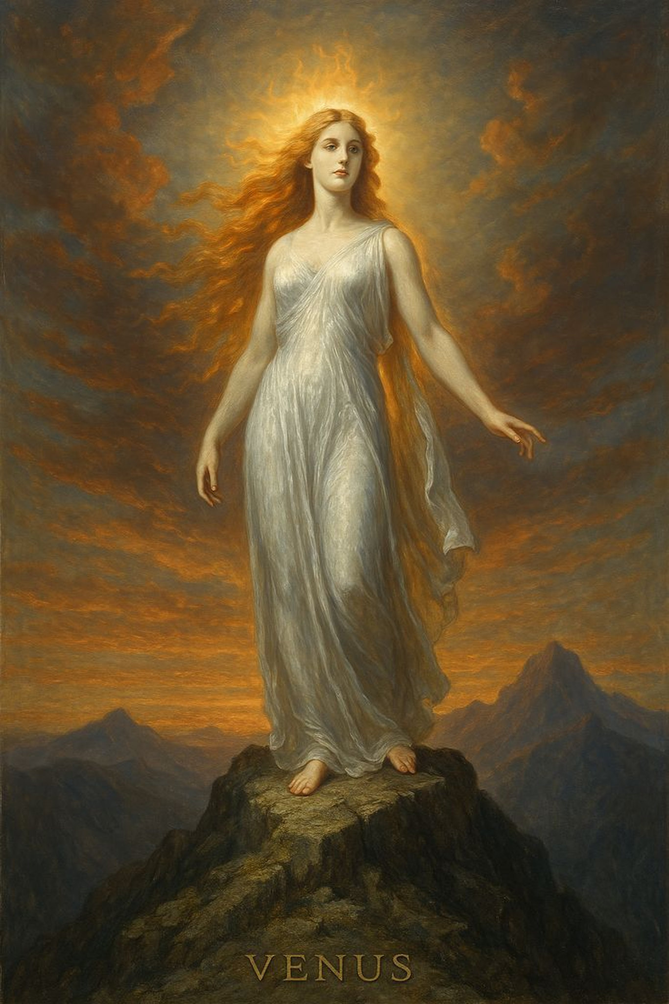 Венера богиня любви стоит на вершине скалы в сиянии света на фоне горного пейзажа
