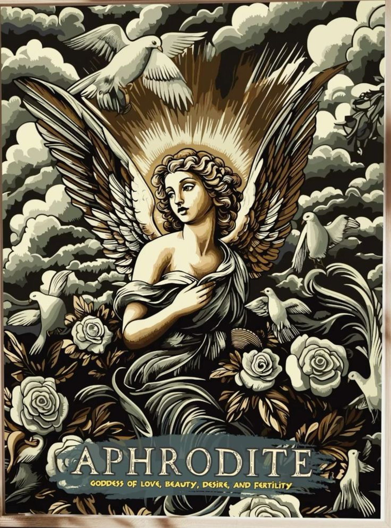 Афродита богиня любви с крыльями и голубями среди цветов и небесного света