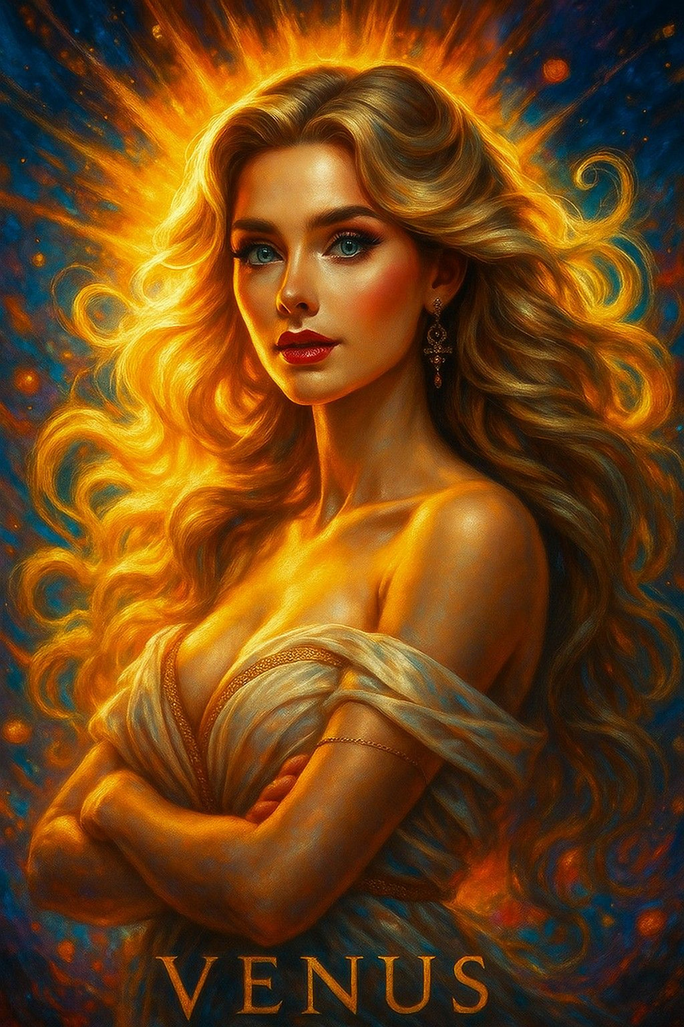Венера богиня любви в огненном сиянии с золотыми волосами и божественной аурой