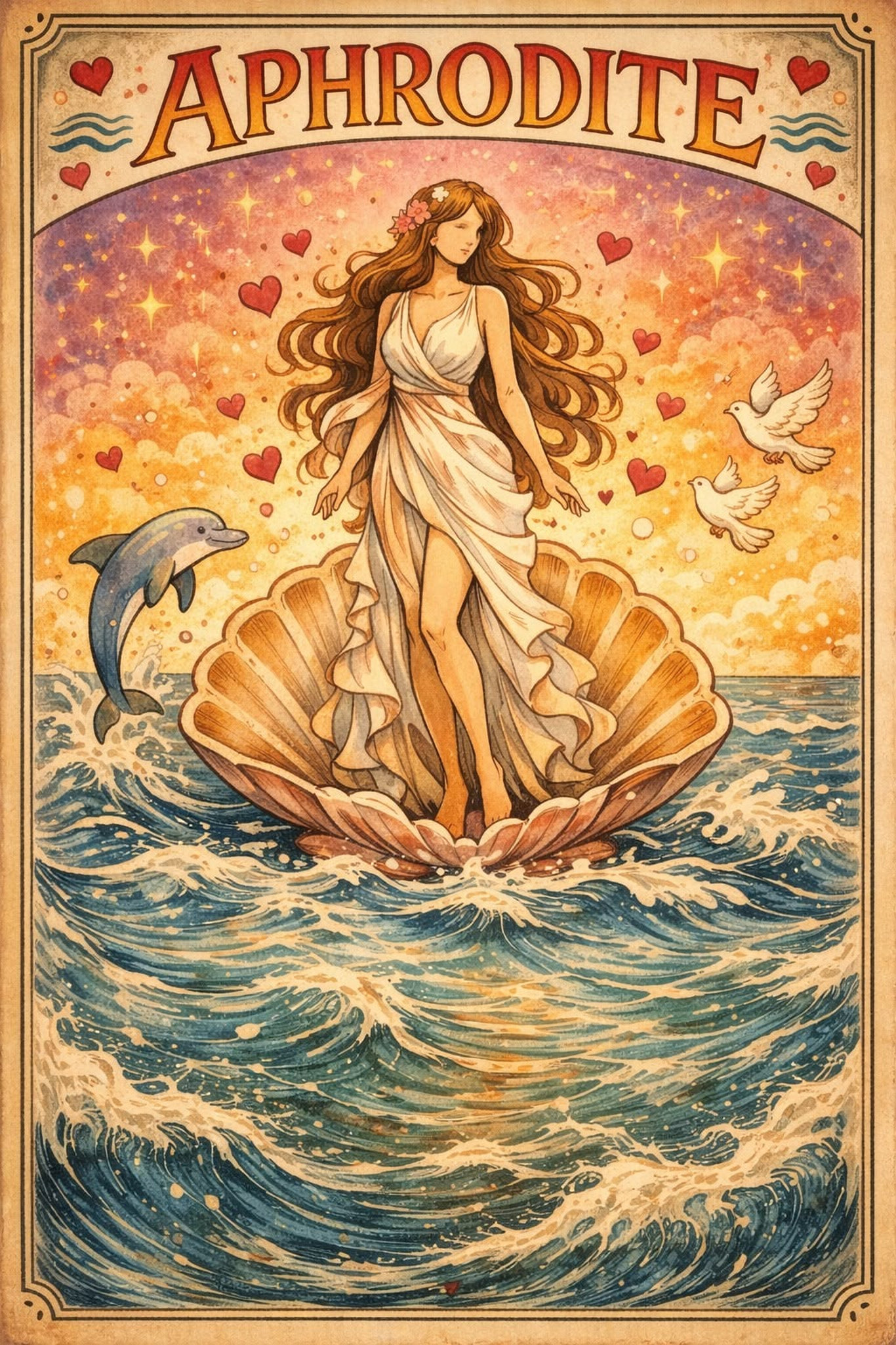 Афродита рождается из морской пены в раковине на фоне волн и неба