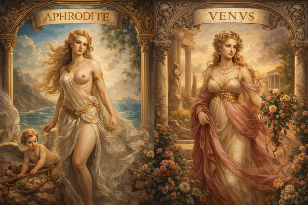 Афродита и Венера рядом — сравнение греческой и римской богини любви на фоне моря и сада