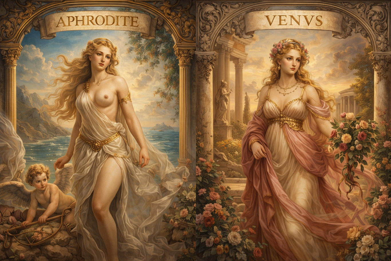 Афродита и Венера рядом — сравнение греческой и римской богини любви на фоне моря и сада