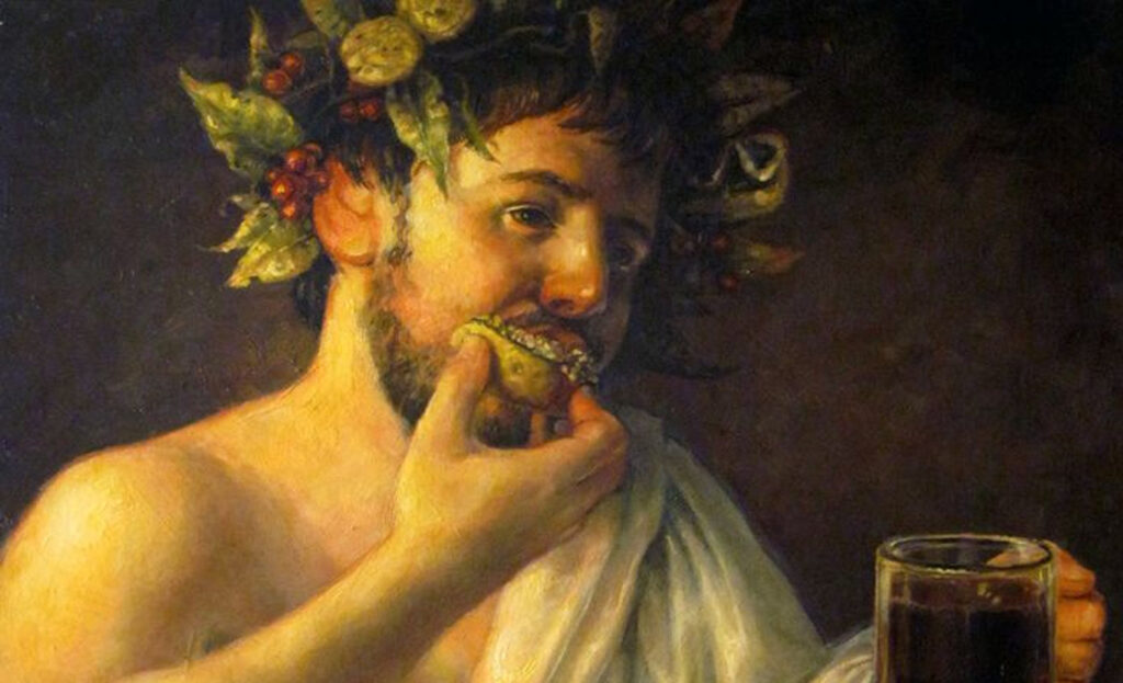 Бахус бог вина с виноградным венком пьет вино римская мифология пир