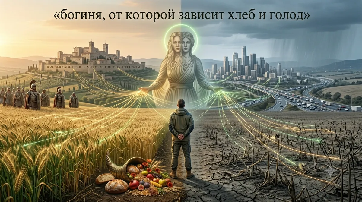 Церера возвышается между золотым полем и современным городом, соединяя урожай, засуху и судьбу людей