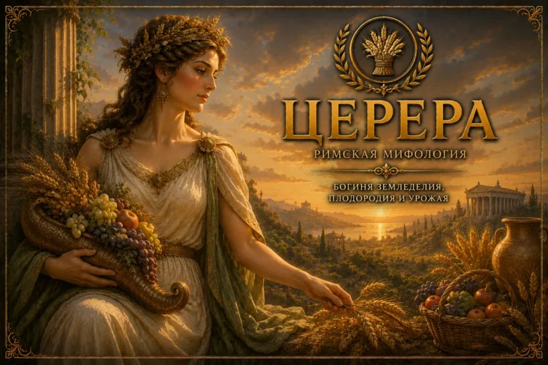 Обложка с Церерой, золотой надписью, колосьями, рогом изобилия и античным пейзажем на закате