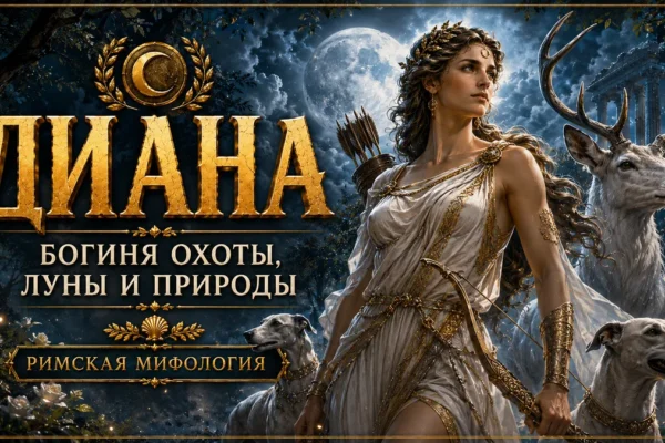 Диана с луком, оленем и охотничьими псами на фоне полной луны, ночного леса и античного храма