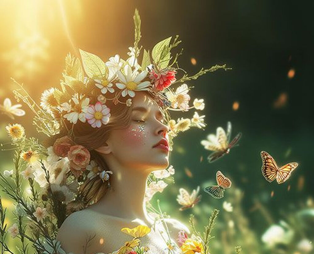 Флора богиня цветов в венке из ромашек среди бабочек римская мифология
