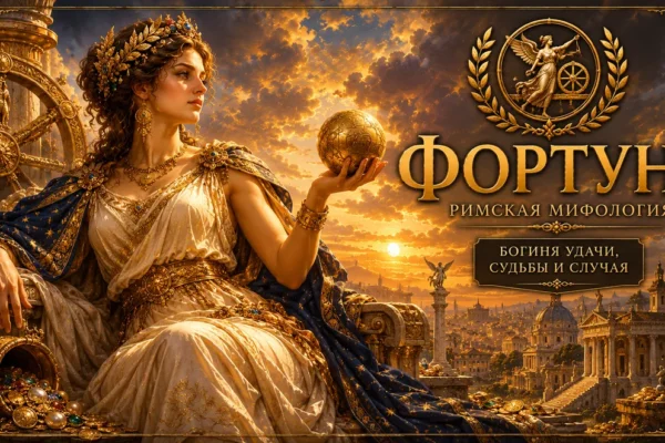 Обложка с богиней Фортуной, золотой надписью, колесом судьбы, шаром, драгоценностями и античным городом на закате