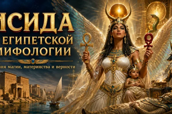 Обложка с Исидой в золотом сиянии, крыльями, анкхом, младенцем, Анубисом и мумией Осириса