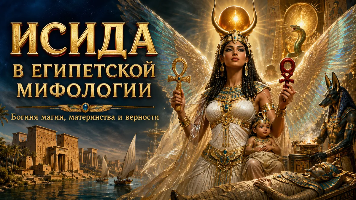 Обложка с Исидой в золотом сиянии, крыльями, анкхом, младенцем, Анубисом и мумией Осириса