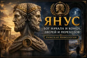 Обложка с двуликим Янусом, античным городом, ночной аркой и золотой надписью