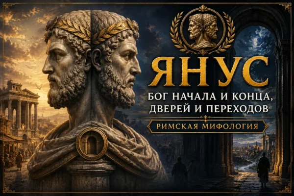Обложка с двуликим Янусом, античным городом, ночной аркой и золотой надписью