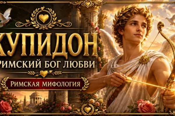 Купидон с золотым луком и светящейся стрелой на фоне роз, голубей, античных колонн и надписи Купидон