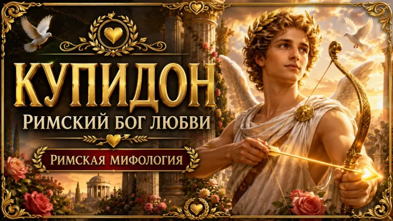 Купидон с золотым луком и светящейся стрелой на фоне роз, голубей, античных колонн и надписи Купидон