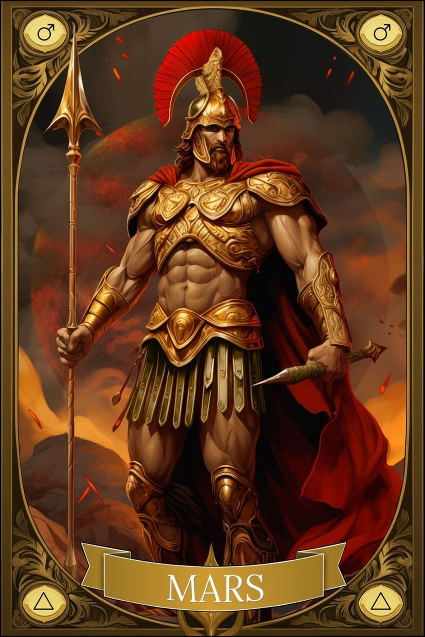 Марс бог войны в золотых доспехах с копьем и красным плащом римская мифология
