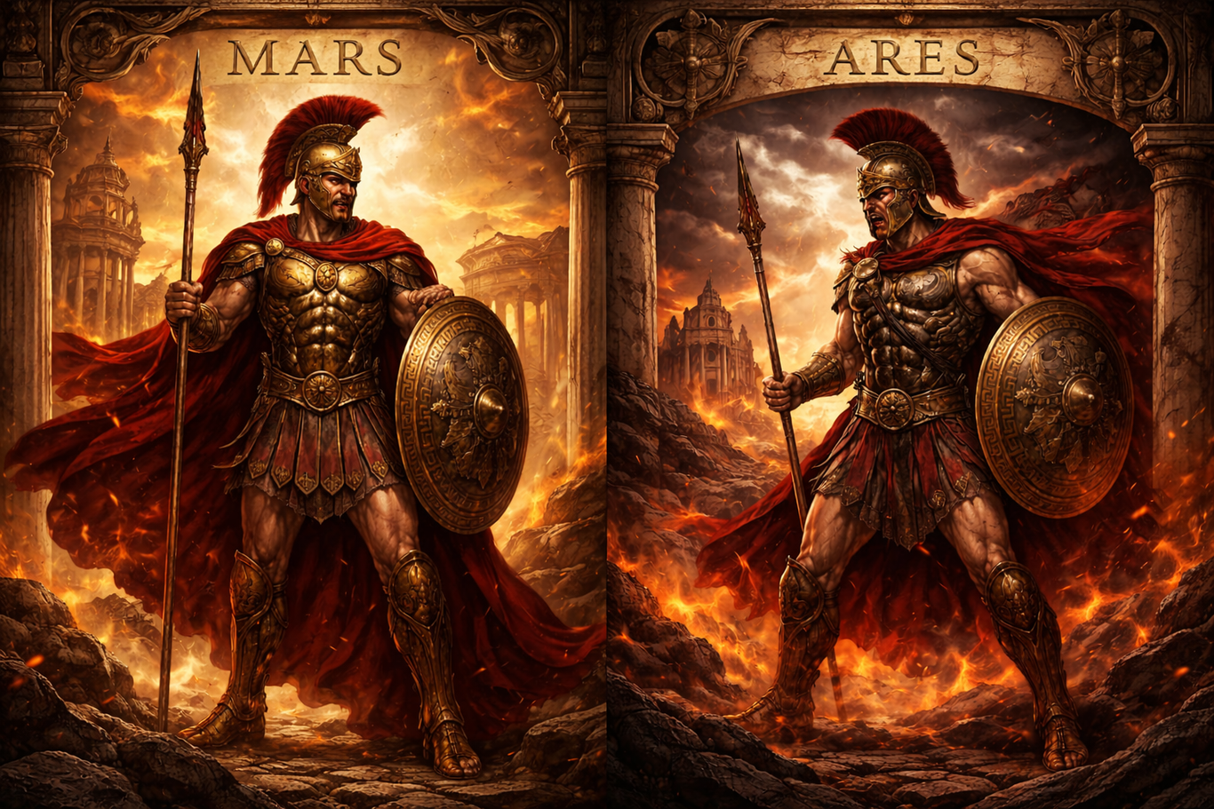 Марс и Арес — римский и греческий боги войны, стоящие друг напротив друга на фоне разных миров: Марс на фоне римской архитектуры, Арес на фоне огненного поля битвы