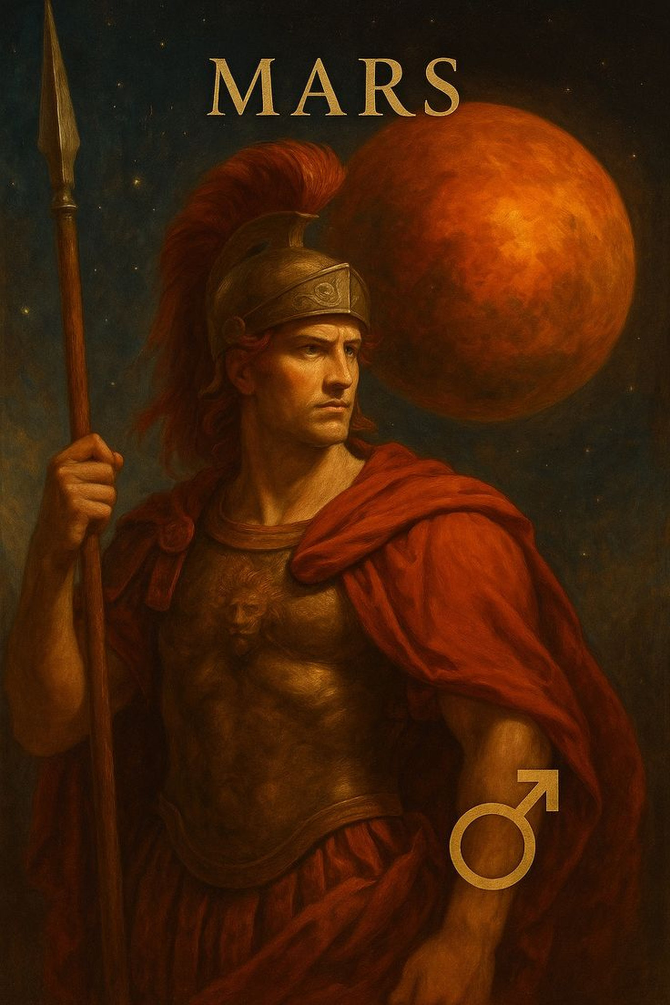 Марс с копьем на фоне планеты Марс римская мифология бог войны символ силы