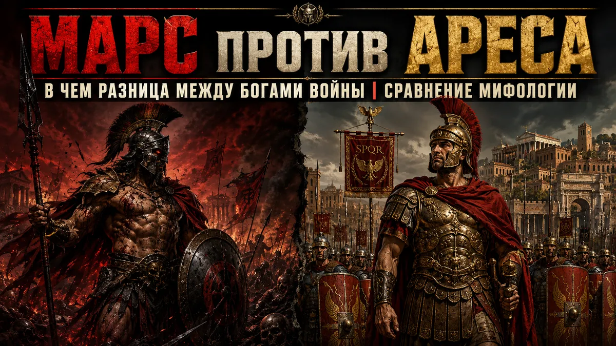 Обложка с Аресом и Марсом на фоне хаотичной битвы и дисциплинированных римских легионов