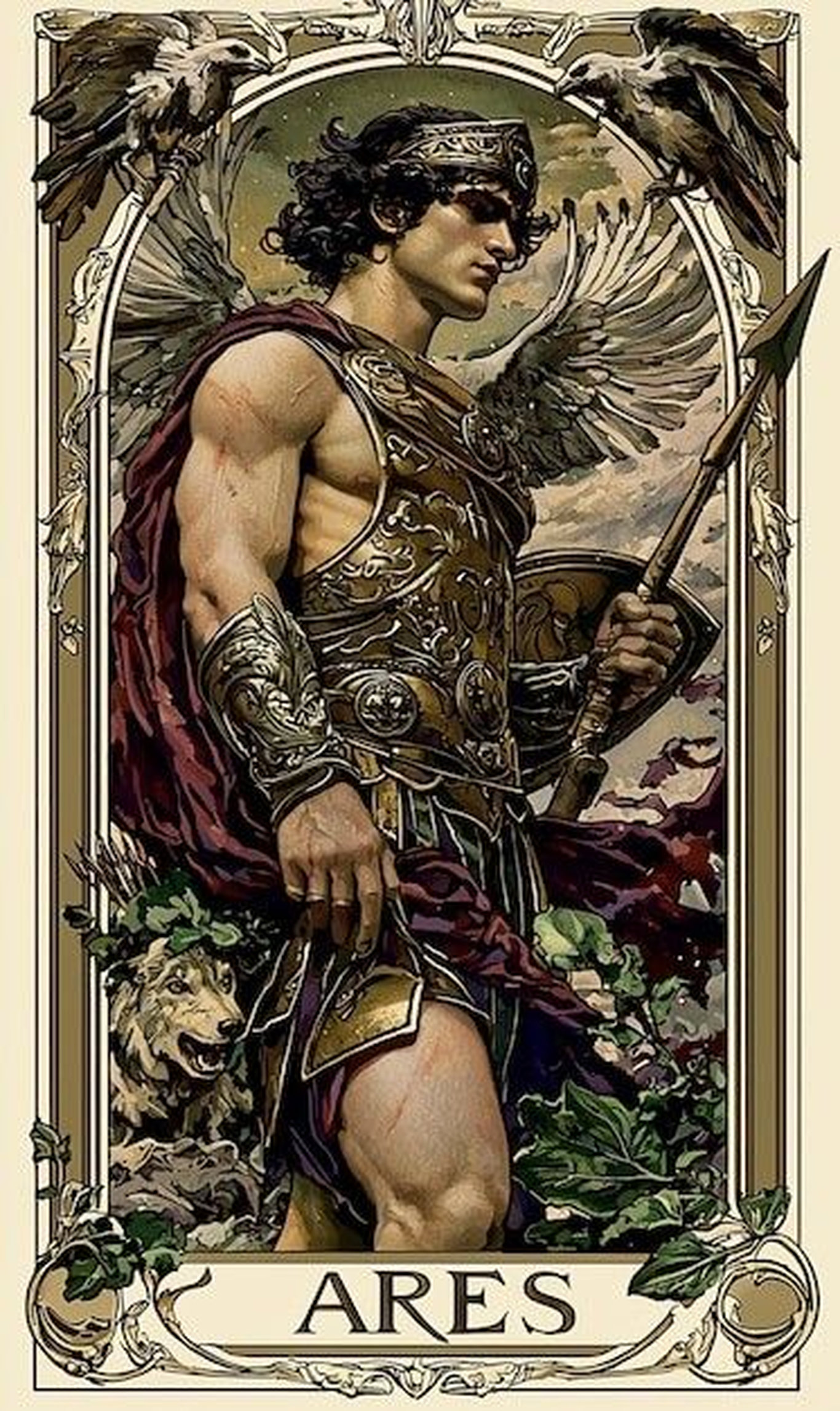 Арес с копьем и воронами греческая мифология бог войны символ битвы