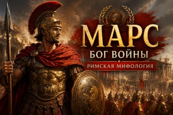 Марс в римских доспехах с копьём и щитом на фоне битвы, дыма и золотой надписи Марс бог войны