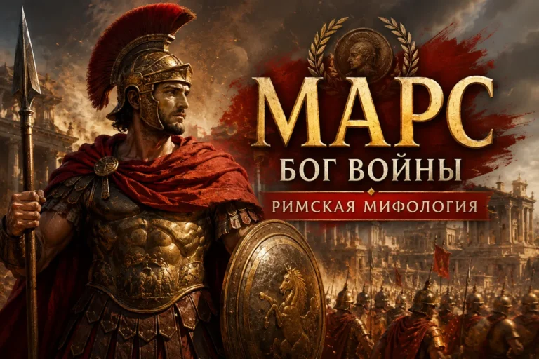 Марс в римских доспехах с копьём и щитом на фоне битвы, дыма и золотой надписи Марс бог войны