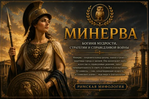Минерва в шлеме с копьём, щитом и совой на фоне римского города и золотой надписи Минерва