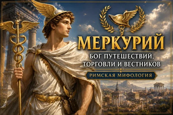Меркурий с крылатым шлемом и кадуцеем на фоне античного города и золотой надписи Меркурий