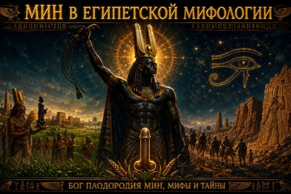 Обложка с богом Мином, плетью, солнечным сиянием, храмами, полями и символами плодородия Древнего Египта