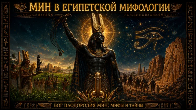 Обложка с богом Мином, плетью, солнечным сиянием, храмами, полями и символами плодородия Древнего Египта