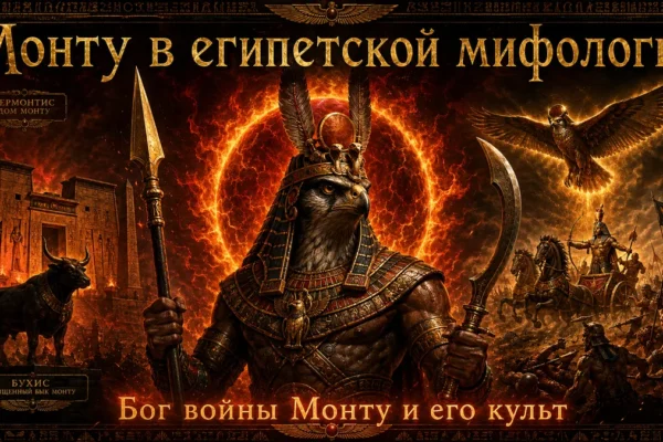 Обложка с богом Монту с головой сокола, копьём, серпом, огненным солнечным диском, быком Бухисом и сценой битвы