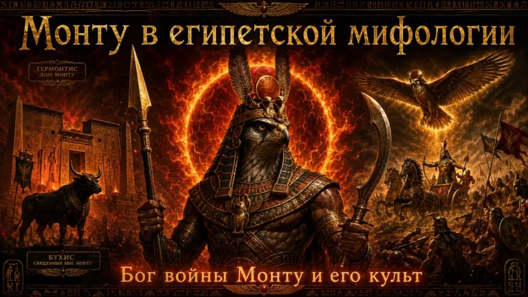 Обложка с богом Монту с головой сокола, копьём, серпом, огненным солнечным диском, быком Бухисом и сценой битвы