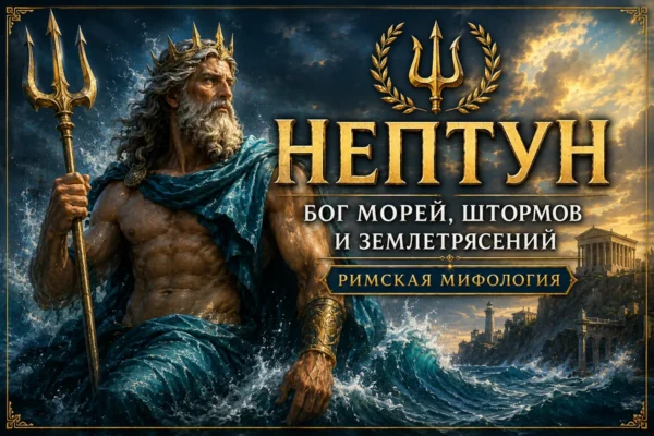 Нептун с трезубцем на фоне бурного моря, волн, античного берега и золотой надписи Нептун