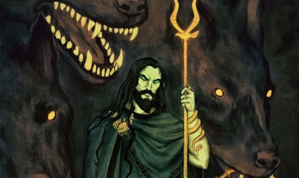 Плутон с Цербером и посохом в мрачном подземном царстве