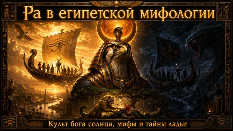 Обложка с Ра, солнечными ладьями, Апопом, Великим Котом, Нилом и золотыми египетскими надписями