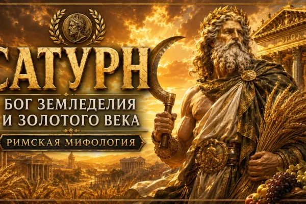 Обложка с Сатурном, золотой надписью, серпом, колосьями и римским храмом на закате