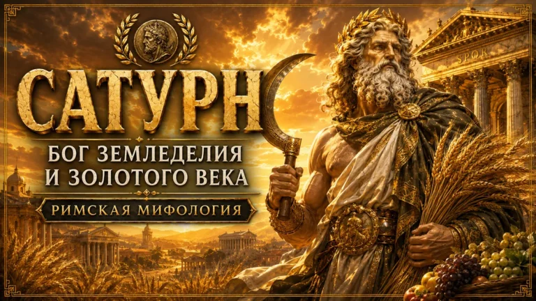 Обложка с Сатурном, золотой надписью, серпом, колосьями и римским храмом на закате
