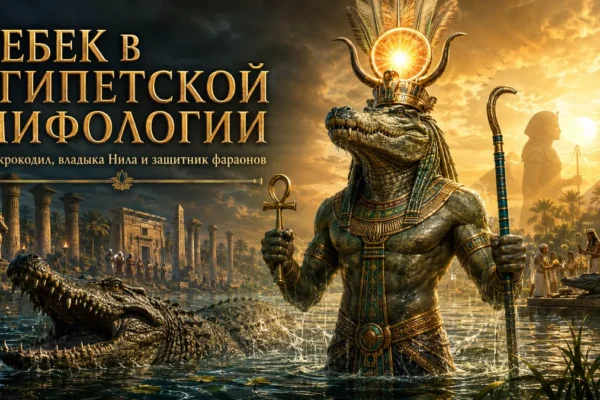 Обложка с богом Себеком в водах Нила, крокодилами, храмами и золотым египетским текстом