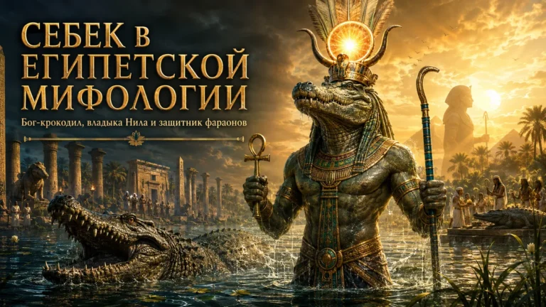 Обложка с богом Себеком в водах Нила, крокодилами, храмами и золотым египетским текстом