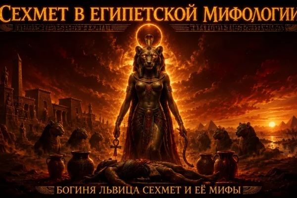 Обложка с богиней Сехмет на фоне огненного неба, львиц, кувшинов и павшего воина с золотым текстом