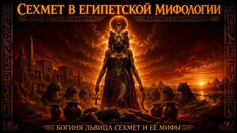 Обложка с богиней Сехмет на фоне огненного неба, львиц, кувшинов и павшего воина с золотым текстом