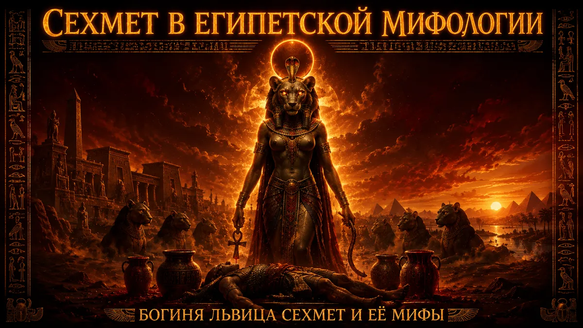 Обложка с богиней Сехмет на фоне огненного неба, львиц, кувшинов и павшего воина с золотым текстом