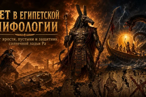 Обложка с богом Сетом, пустыней, молниями, змеем Апопом, солнечной ладьёй Ра и золотым заголовком