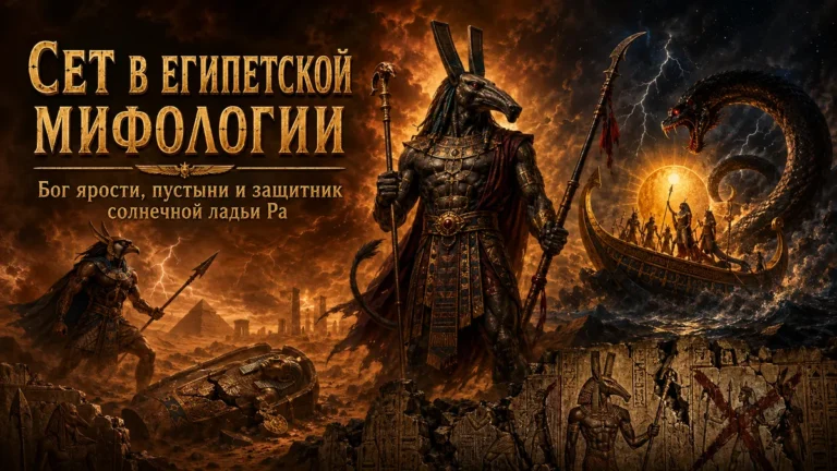 Обложка с богом Сетом, пустыней, молниями, змеем Апопом, солнечной ладьёй Ра и золотым заголовком