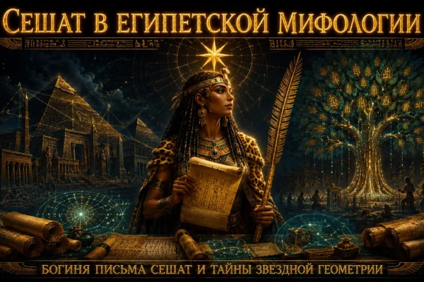 Обложка с богиней Сешат, держащей свиток и пальмовую ветвь на фоне пирамид, священного дерева и звёздной геометрии