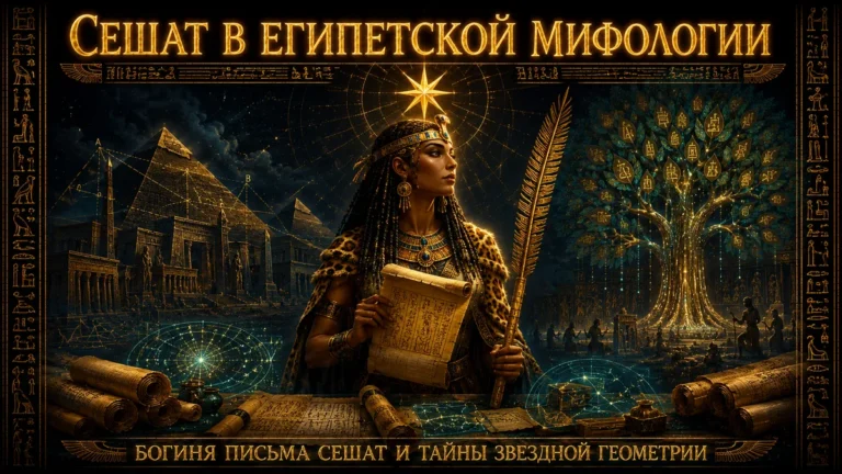 Обложка с богиней Сешат, держащей свиток и пальмовую ветвь на фоне пирамид, священного дерева и звёздной геометрии