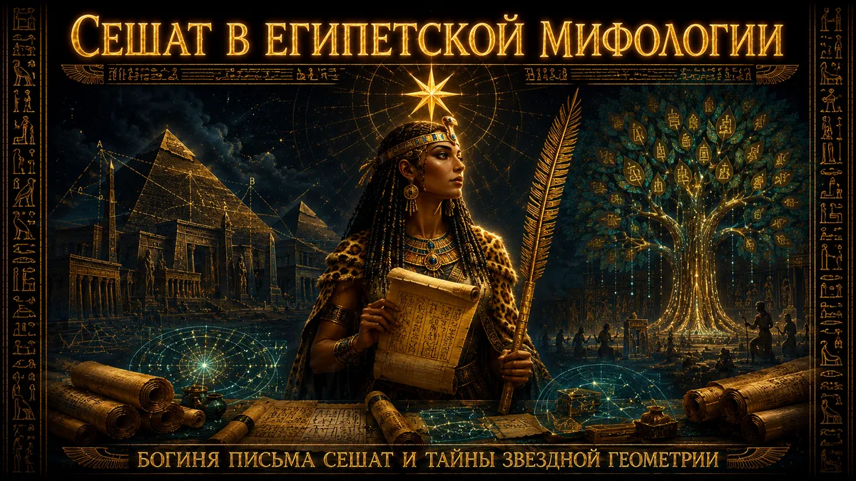 Обложка с богиней Сешат, держащей свиток и пальмовую ветвь на фоне пирамид, священного дерева и звёздной геометрии