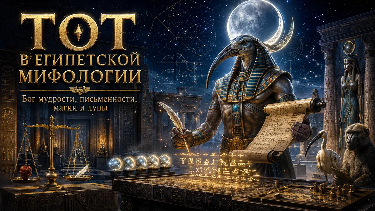Обложка с богом Тотом, свитком, пером, луной, весами Маат, ибисом и павианом на фоне египетского храма